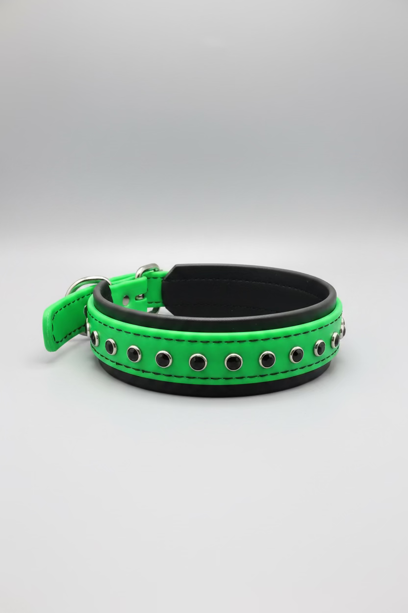 1.5" Biothane Bling Collar - Black/Neon Green
