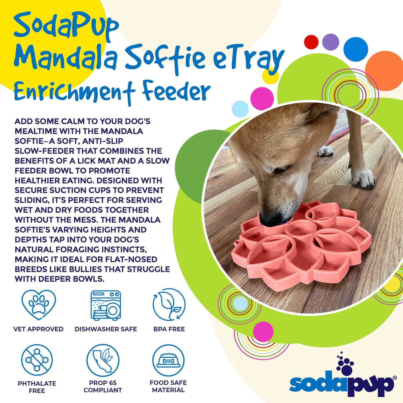 Mandala Softie Shallow Slow Feeder Dog Bowl with Suction Cups