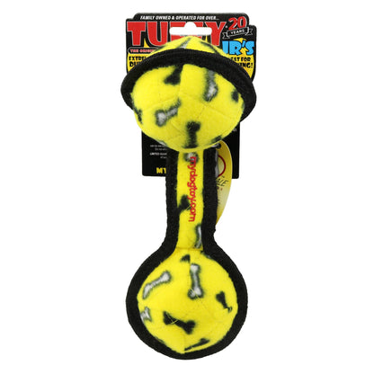 Tuffy Jr 2 Ball Tug Yellow Bone, Durable Squeaky Dog Toy