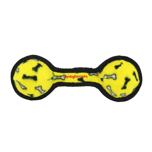 Tuffy Jr 2 Ball Tug Yellow Bone, Durable Squeaky Dog Toy